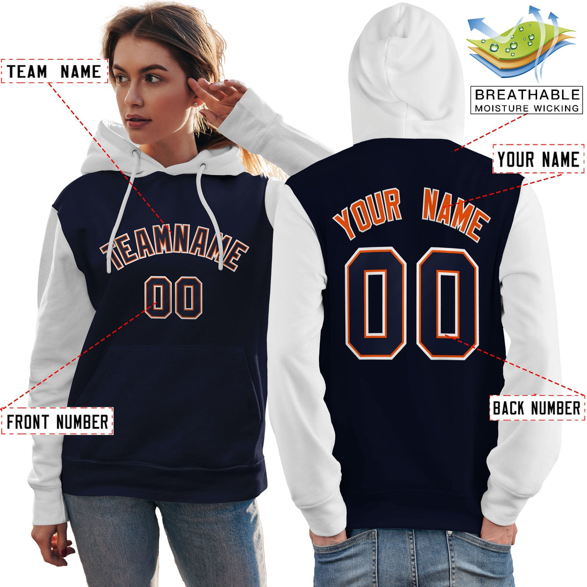 Custom Navy Orange-White Raglan Sleeves Pullover Personalized Team Sweatshirt Hoodie| KXKSHOP