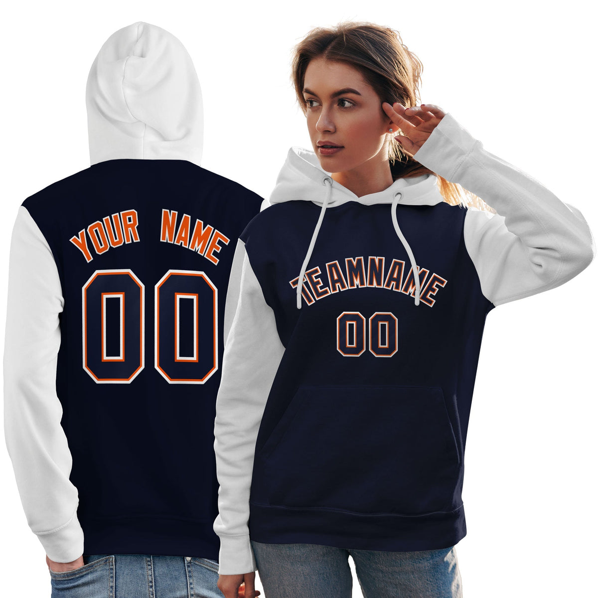 Custom Navy Orange-White Raglan Sleeves Pullover Personalized Team Sweatshirt Hoodie| KXKSHOP