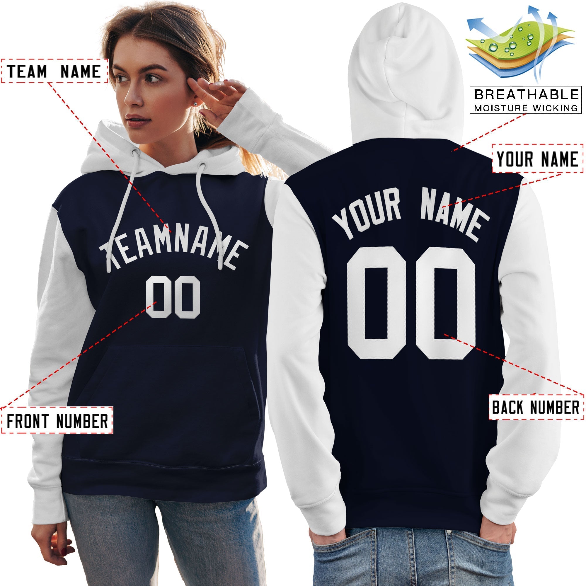 Custom Navy White Raglan Sleeves Pullover Personalized Team Sweatshirt Hoodie| KXKSHOP