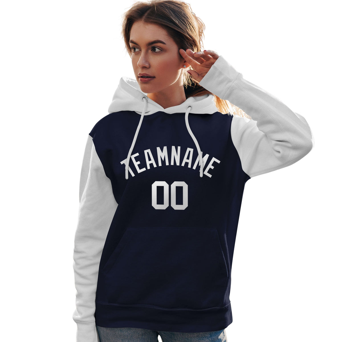 Custom Navy White Raglan Sleeves Pullover Personalized Team Sweatshirt Hoodie| KXKSHOP