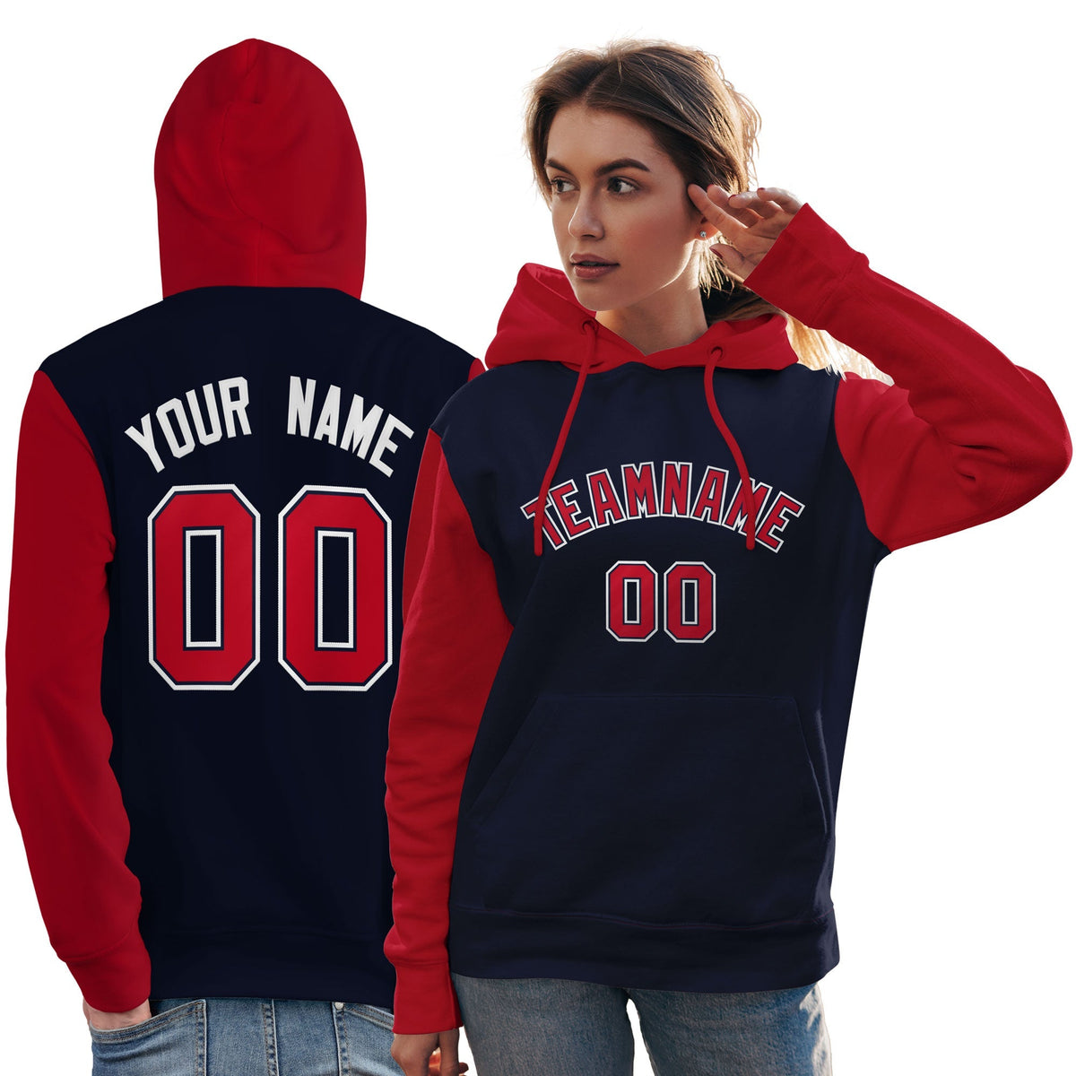 Custom Navy Red-White Raglan Sleeves Pullover Personalized Team Sweatshirt Hoodie| KXKSHOP