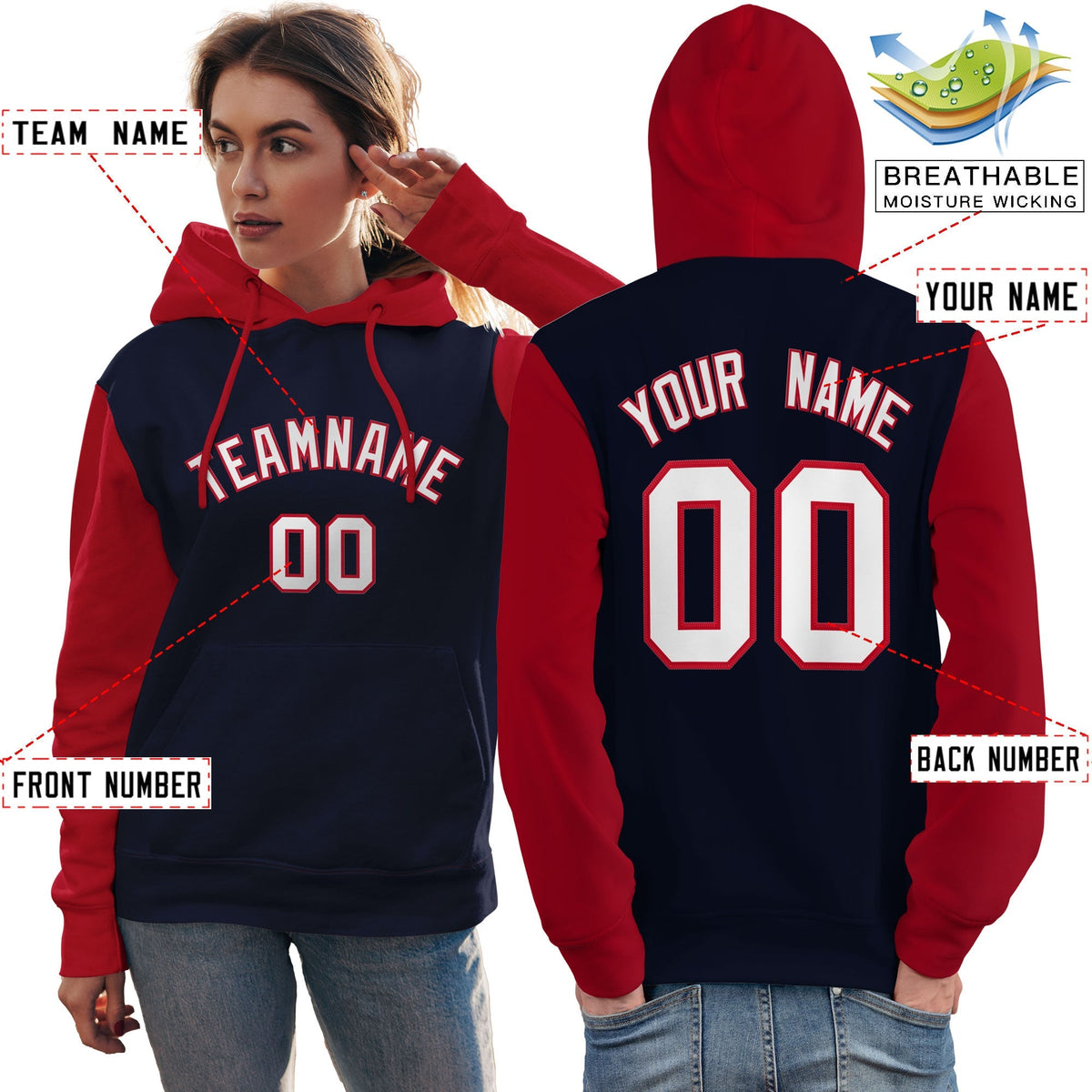 Custom Navy White-Red Raglan Sleeves Pullover Personalized Team Sweatshirt Hoodie| KXKSHOP