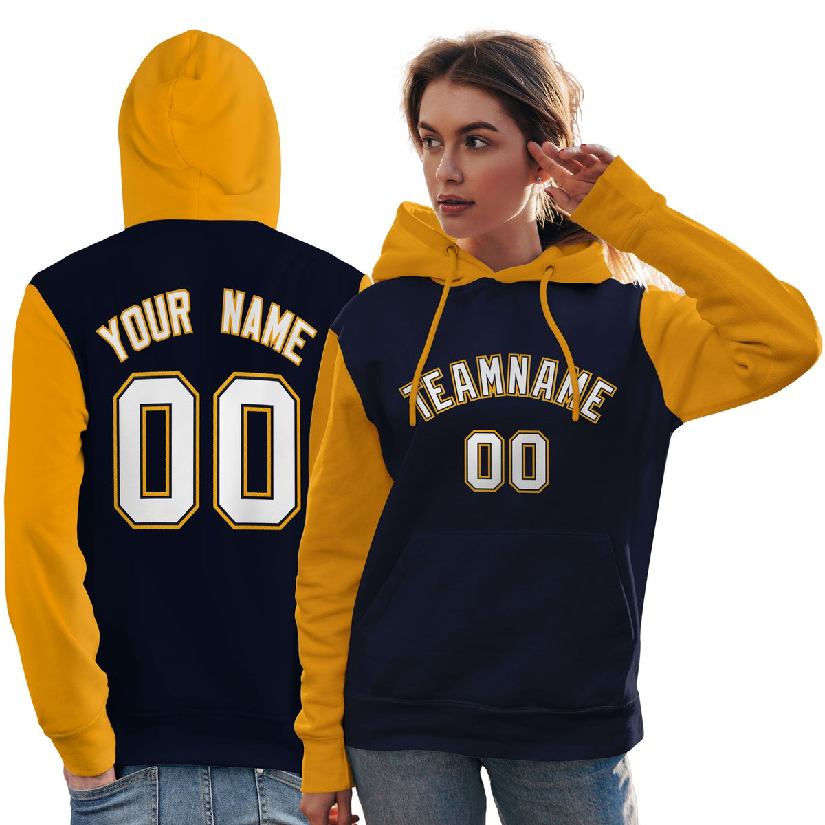 Custom Navy White-Gold Raglan Sleeves Pullover Personalized Team Sweatshirt Hoodie| KXKSHOP