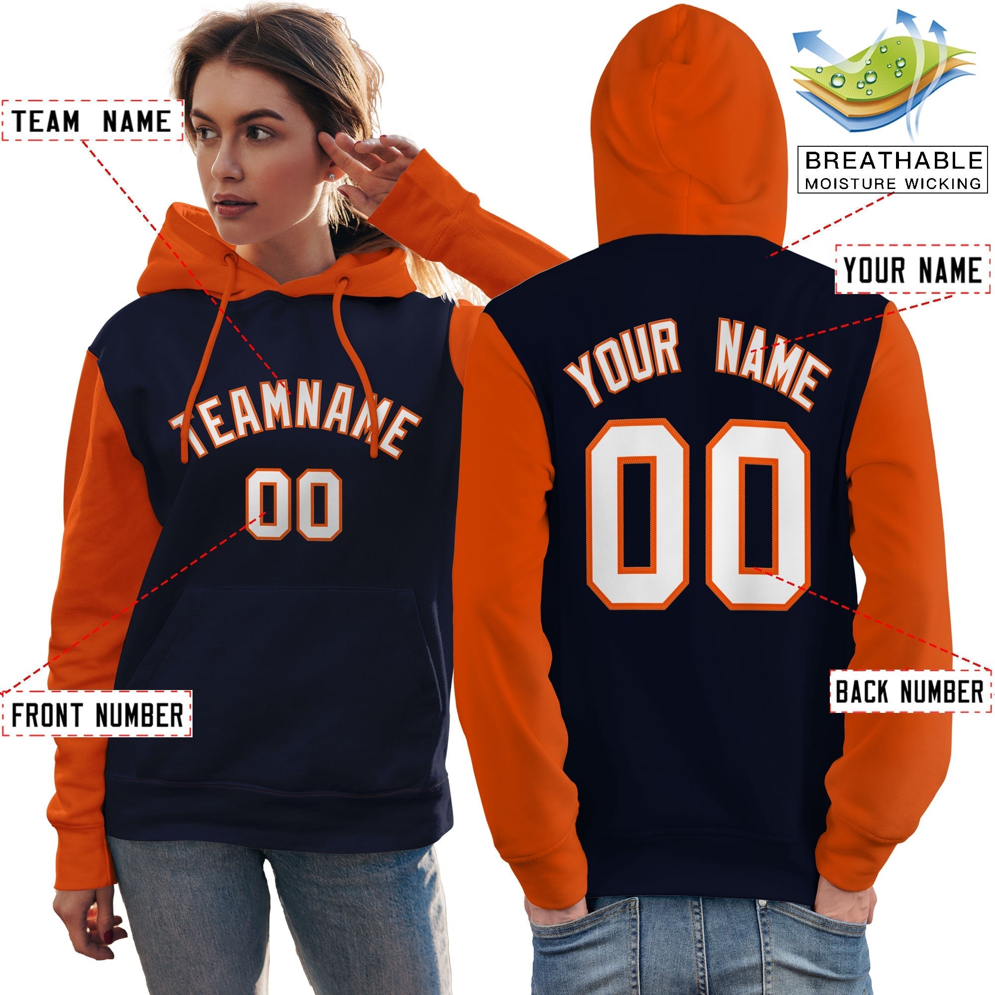 Custom Navy White-Orange Raglan Sleeves Pullover Personalized Team Sweatshirt Hoodie| KXKSHOP