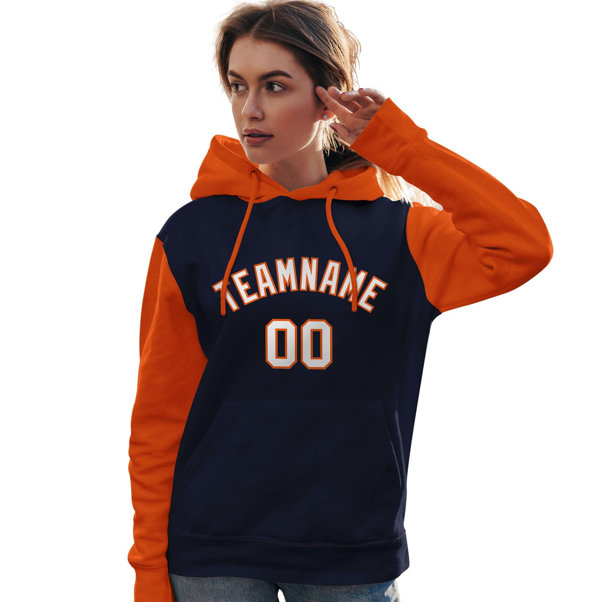 Custom Navy White-Orange Raglan Sleeves Pullover Personalized Team Sweatshirt Hoodie| KXKSHOP