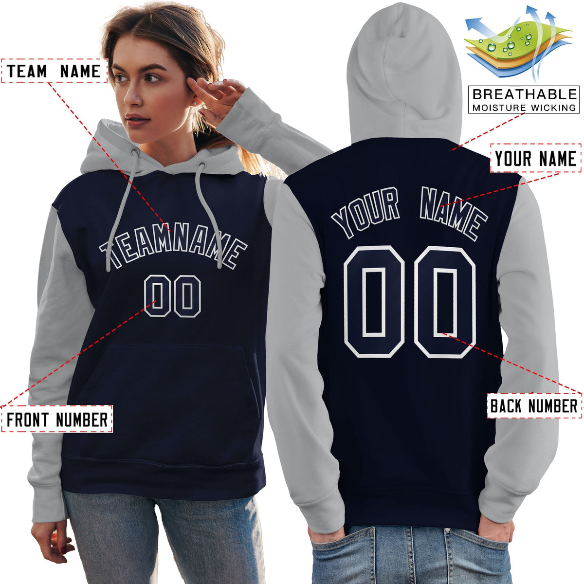 Custom Navy White-Gray Raglan Sleeves Pullover Personalized Team Sweatshirt Hoodie| KXKSHOP