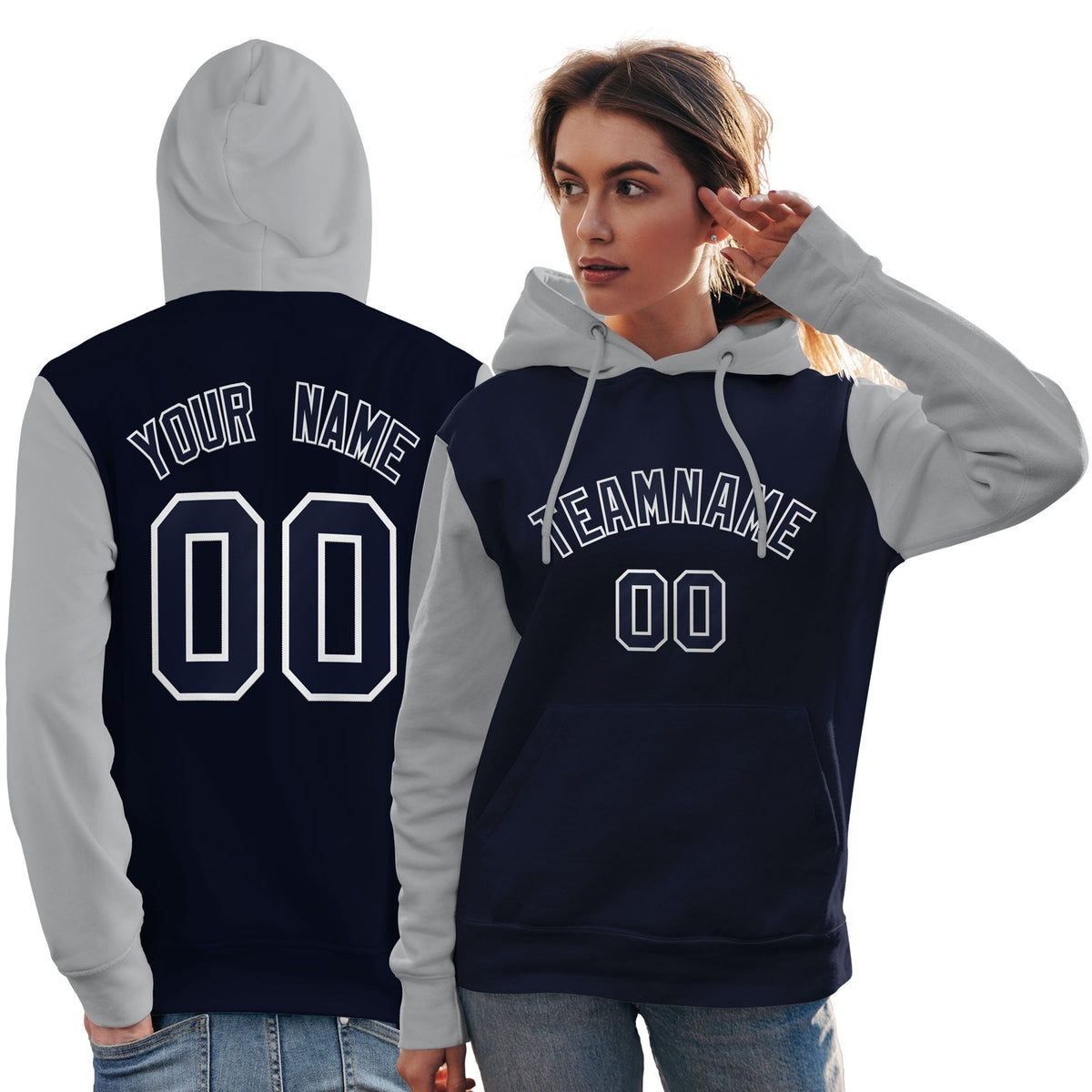 Custom Navy White-Gray Raglan Sleeves Pullover Personalized Team Sweatshirt Hoodie| KXKSHOP