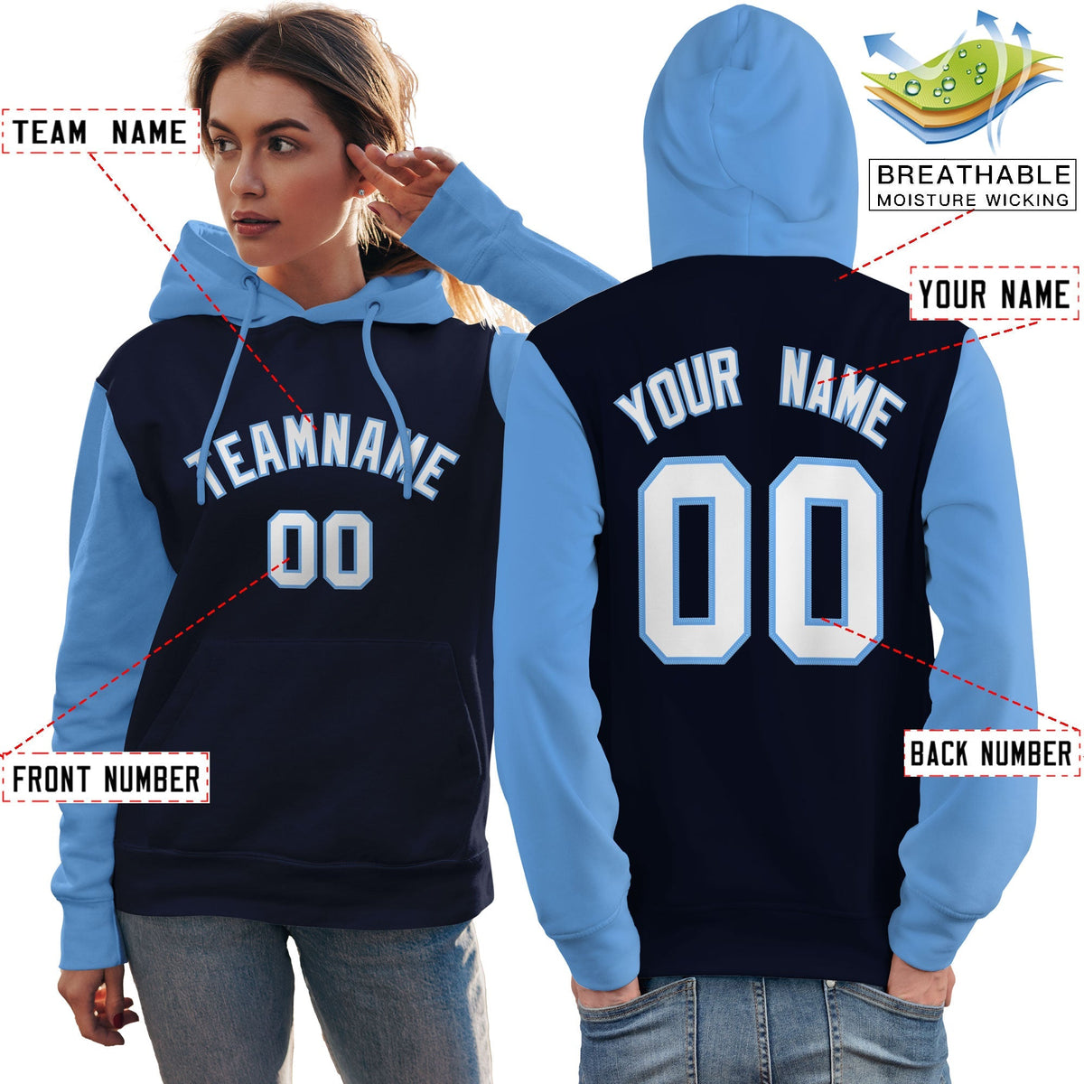 Custom Navy White-Light Blue Raglan Sleeves Pullover Personalized Team Sweatshirt Hoodie| KXKSHOP