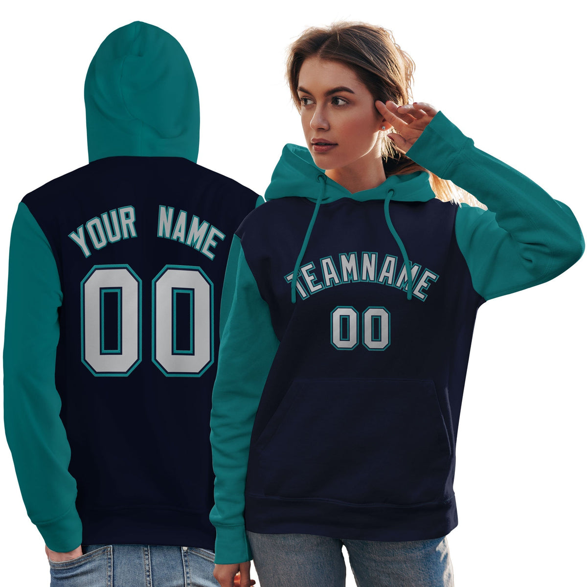 Custom Navy Gray-Aqua Raglan Sleeves Pullover Personalized Team Sweatshirt Hoodie| KXKSHOP