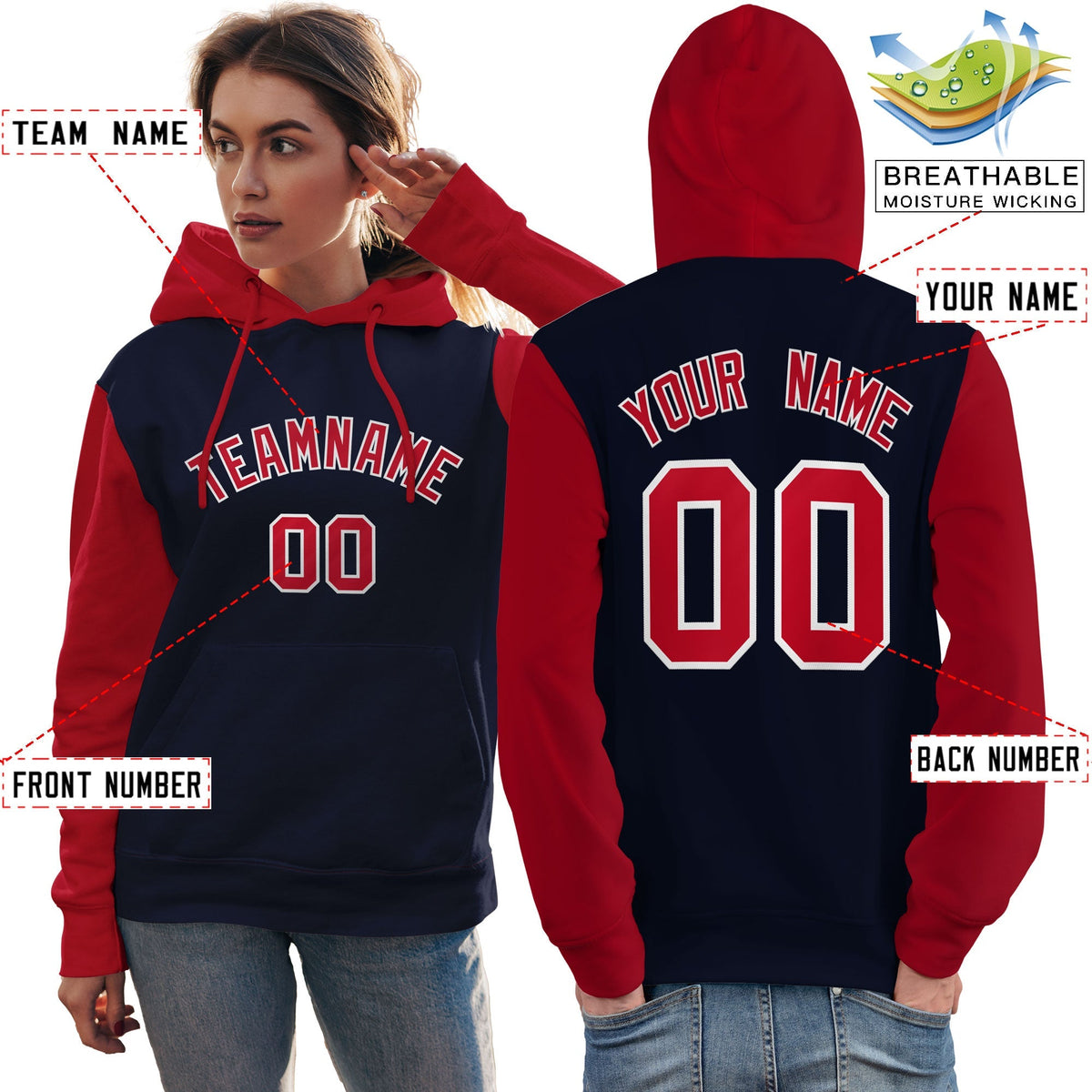 Custom Navy Red-White Raglan Sleeves Pullover Personalized Team Sweatshirt Hoodie| KXKSHOP