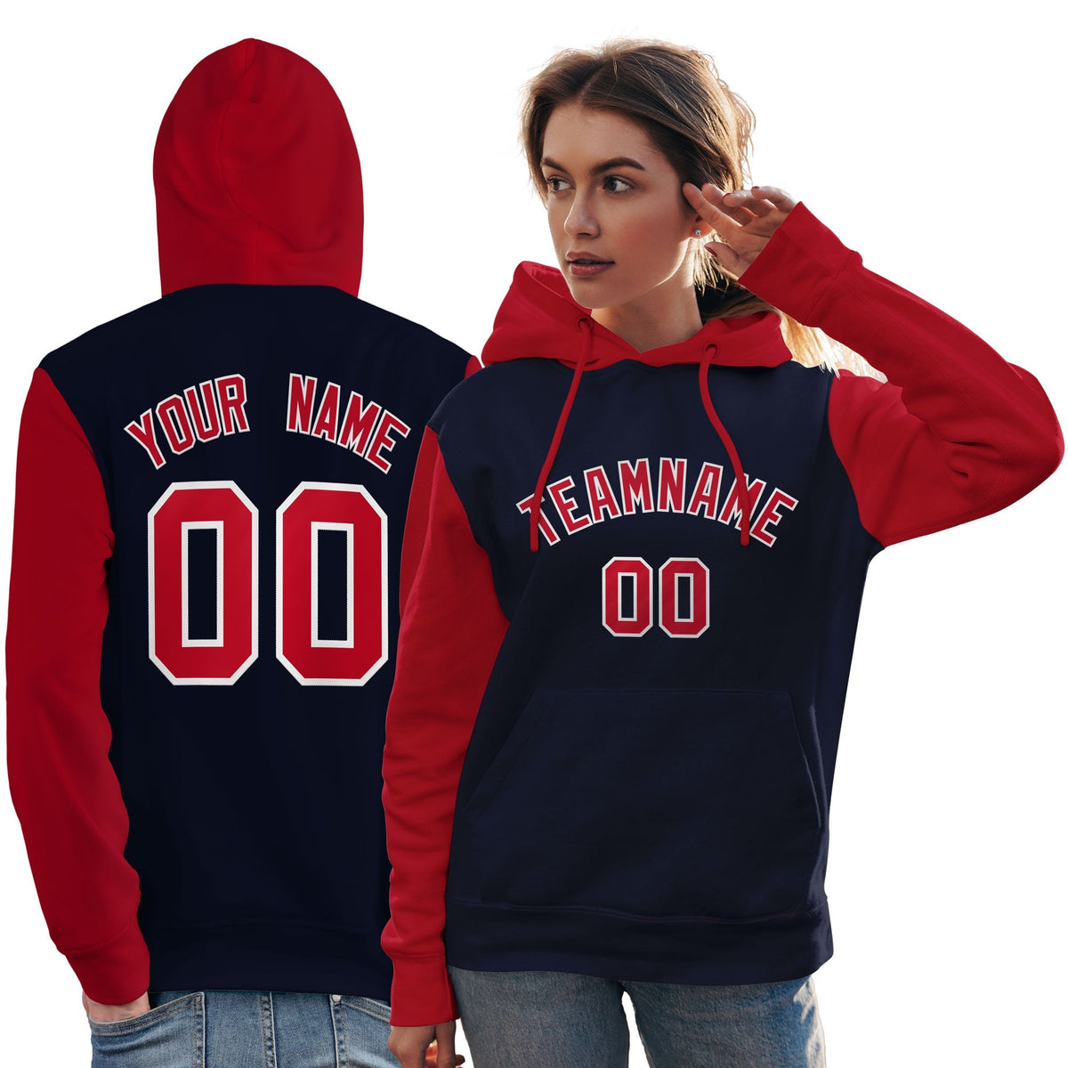 Custom Navy Red-White Raglan Sleeves Pullover Personalized Team Sweatshirt Hoodie| KXKSHOP