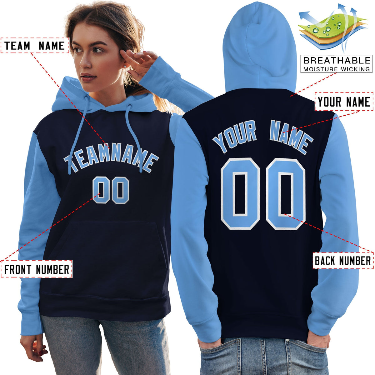 Custom Navy Light Blue-White Raglan Sleeves Pullover Personalized Team Sweatshirt Hoodie| KXKSHOP