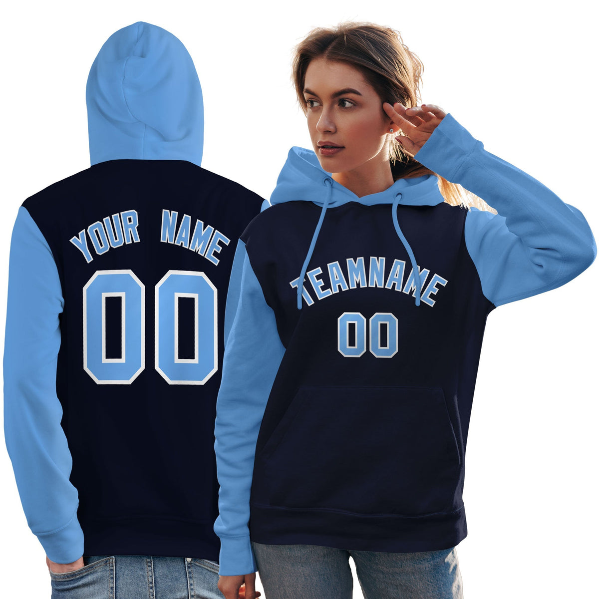 Custom Navy Light Blue-White Raglan Sleeves Pullover Personalized Team Sweatshirt Hoodie| KXKSHOP