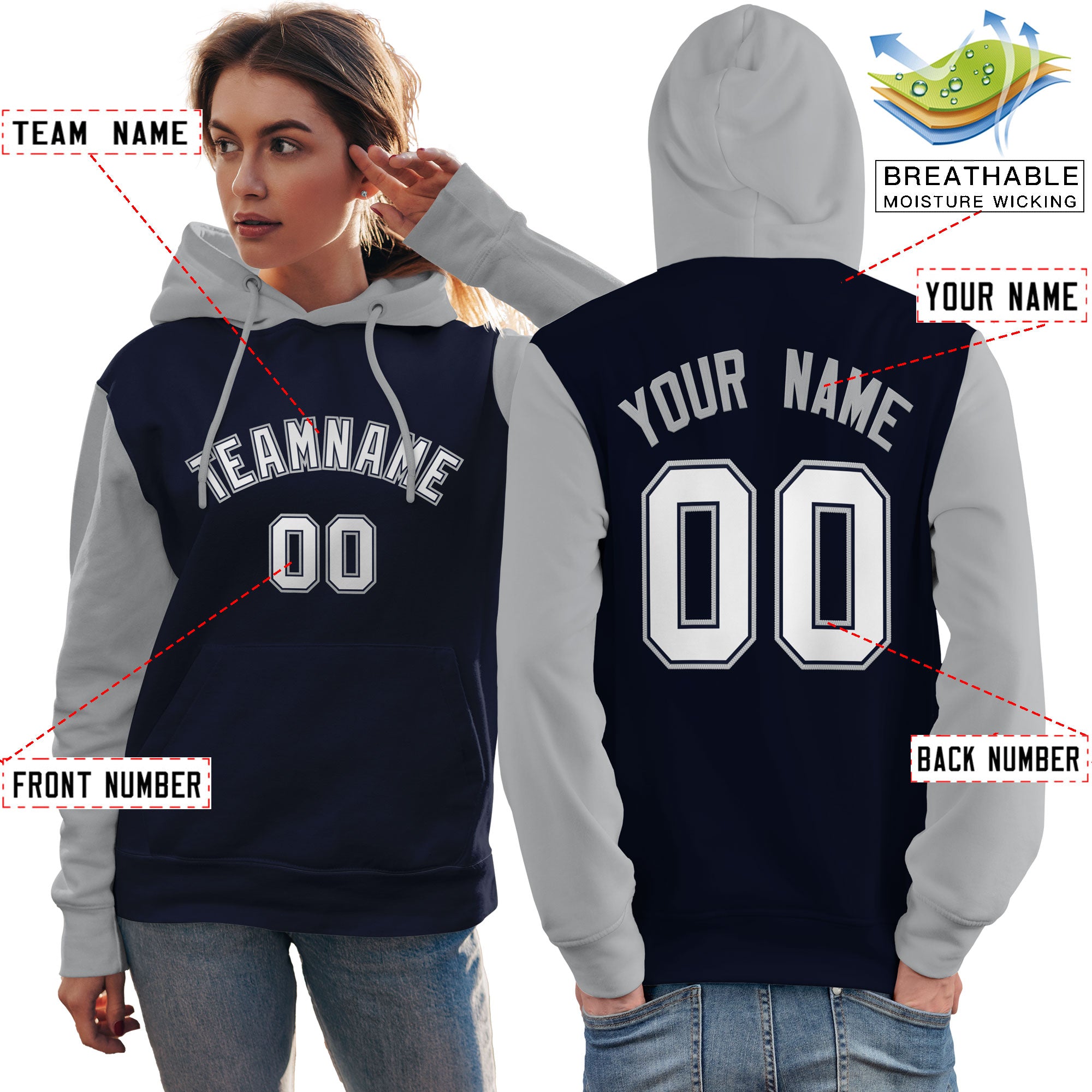 Custom Navy White-Gray Raglan Sleeves Pullover Personalized Team Sweatshirt Hoodie| KXKSHOP