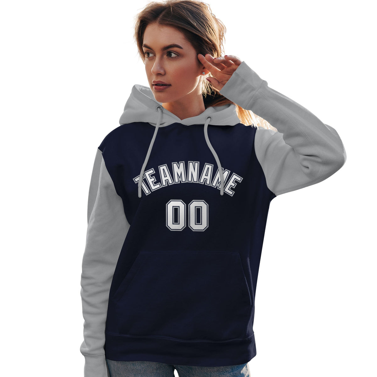 Custom Navy White-Gray Raglan Sleeves Pullover Personalized Team Sweatshirt Hoodie| KXKSHOP