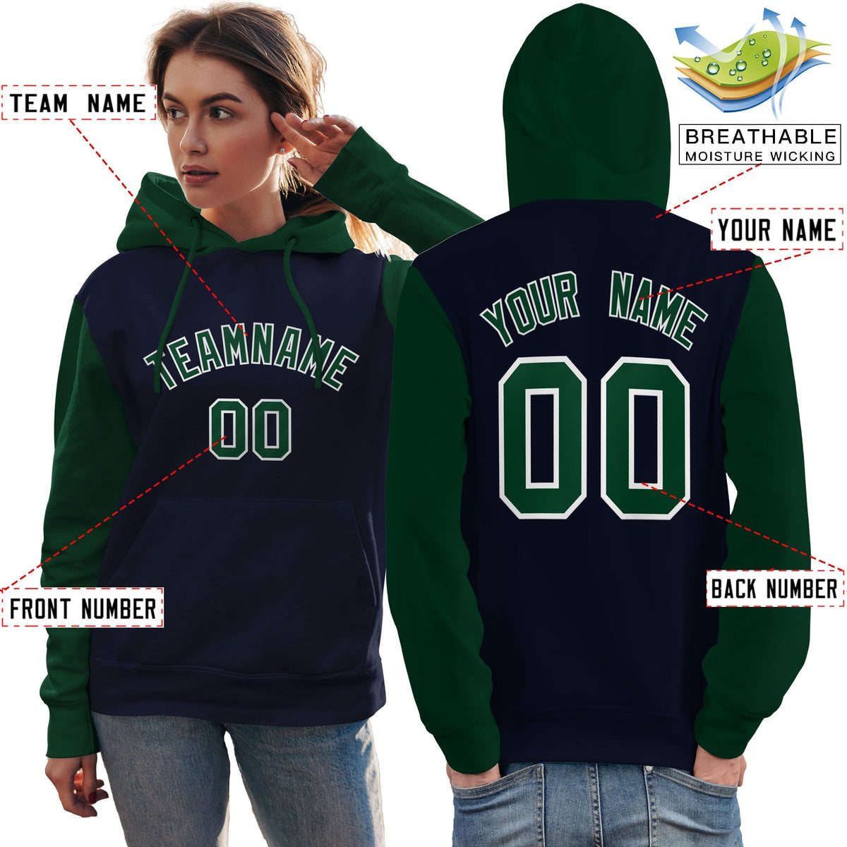 Custom Navy Green-White Raglan Sleeves Pullover Personalized Team Sweatshirt Hoodie| KXKSHOP
