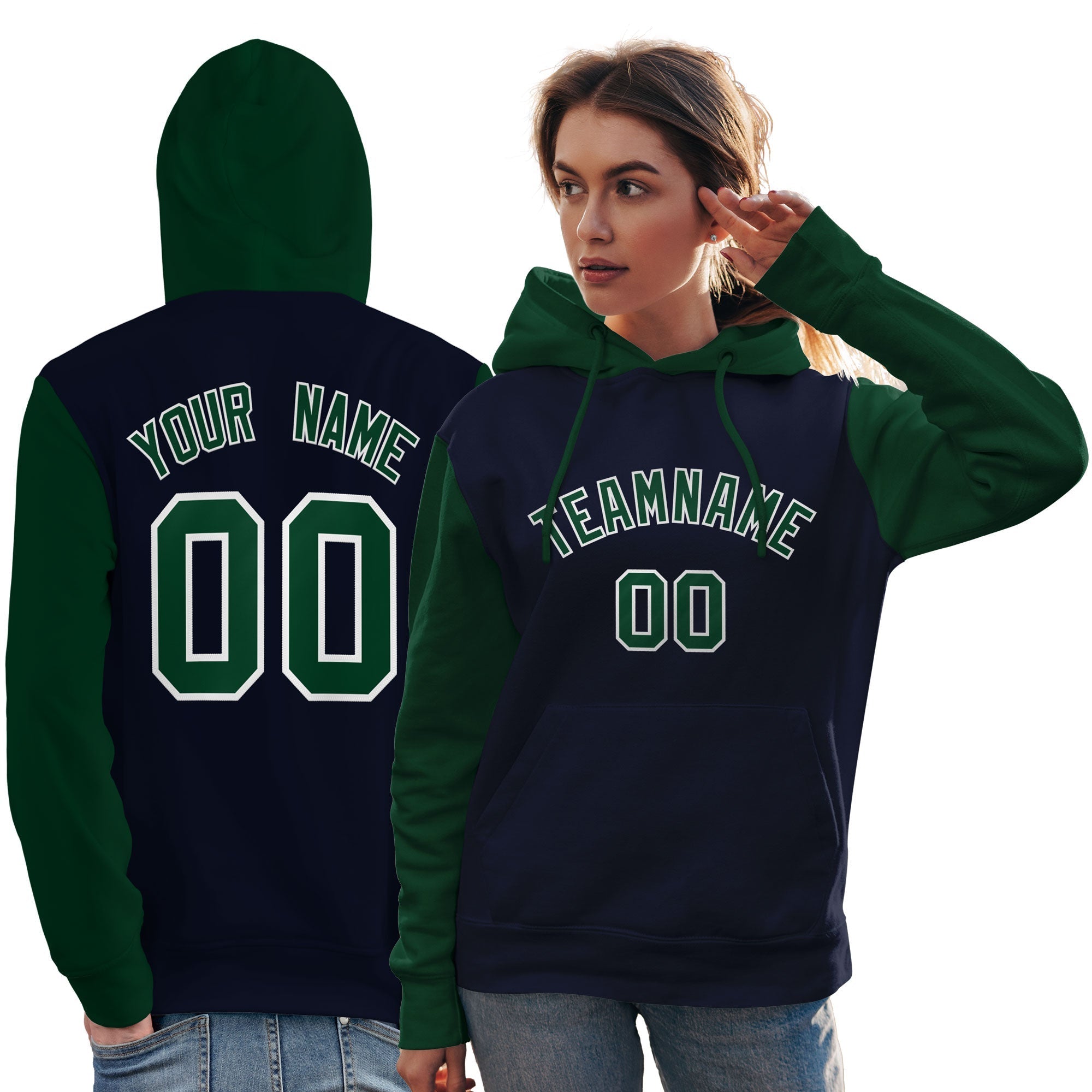 Custom Navy Green-White Raglan Sleeves Pullover Personalized Team Sweatshirt Hoodie| KXKSHOP