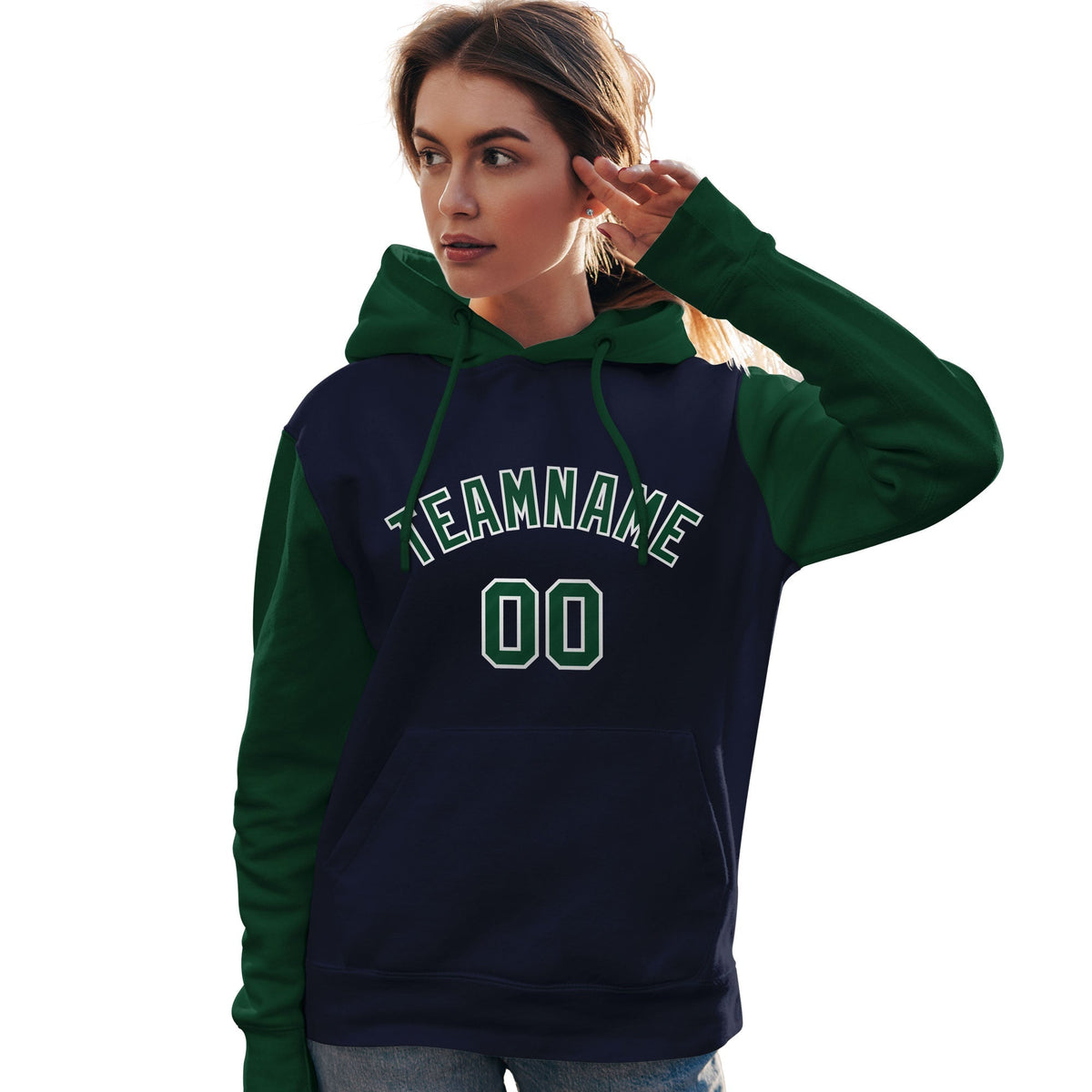 Custom Navy Green-White Raglan Sleeves Pullover Personalized Team Sweatshirt Hoodie| KXKSHOP