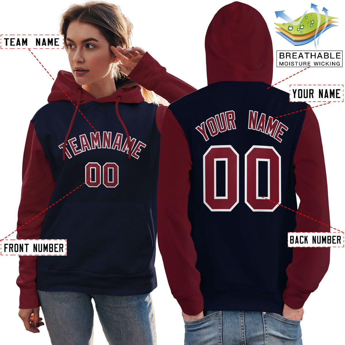 Custom Navy Crimson-White Raglan Sleeves Pullover Personalized Team Sweatshirt Hoodie| KXKSHOP