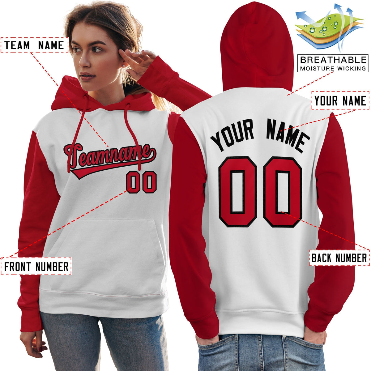 Custom White Red-Black Raglan Sleeves Pullover Personalized Team Sweatshirt Hoodie| KXKSHOP