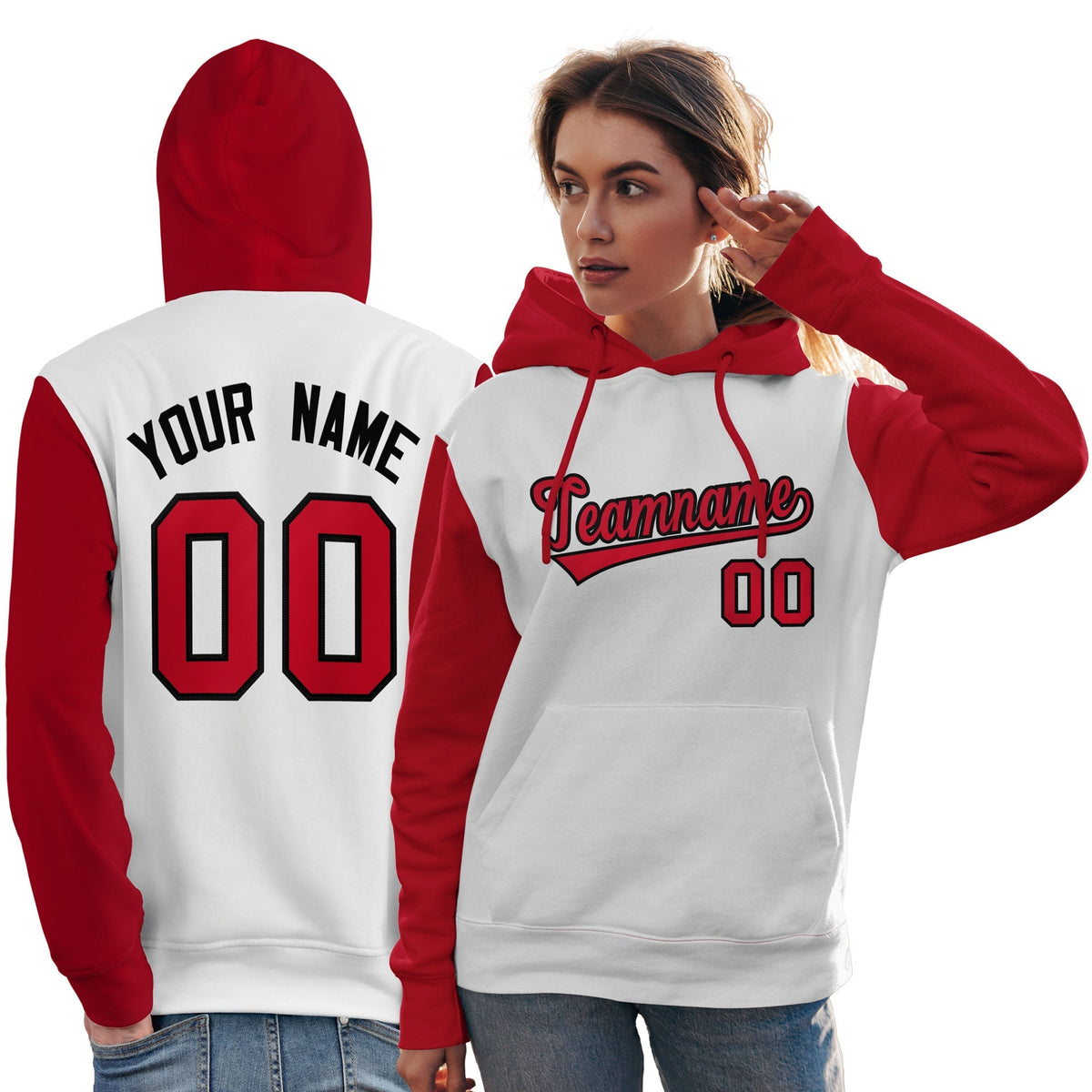 Custom White Red-Black Raglan Sleeves Pullover Personalized Team Sweatshirt Hoodie| KXKSHOP