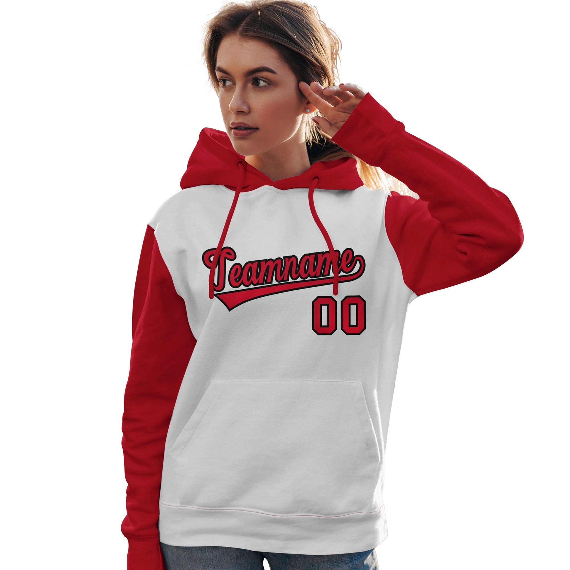 Custom White Red-Black Raglan Sleeves Pullover Personalized Team Sweatshirt Hoodie| KXKSHOP
