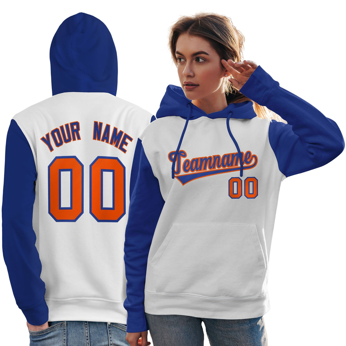 Custom White Royal-Orange Raglan Sleeves Pullover Personalized Team Sweatshirt Hoodie| KXKSHOP