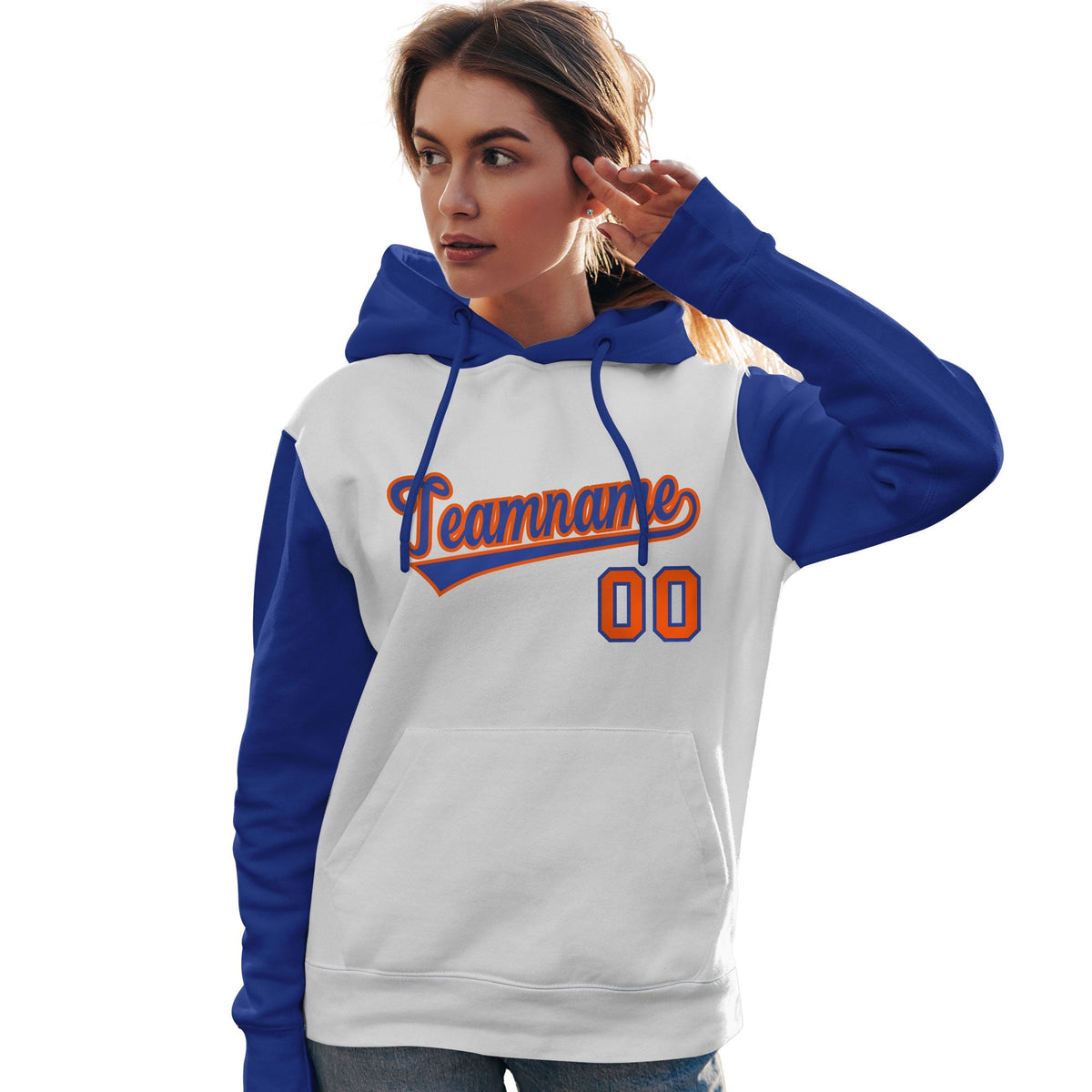 Custom White Royal-Orange Raglan Sleeves Pullover Personalized Team Sweatshirt Hoodie| KXKSHOP