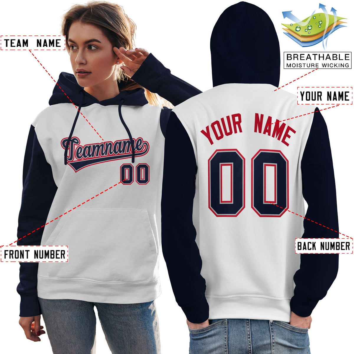 Custom White Navy-Red Raglan Sleeves Pullover Personalized Team Sweatshirt Hoodie| KXKSHOP