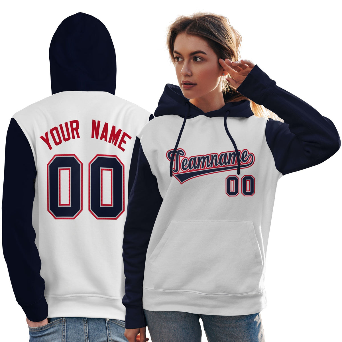 Custom White Navy-Red Raglan Sleeves Pullover Personalized Team Sweatshirt Hoodie| KXKSHOP