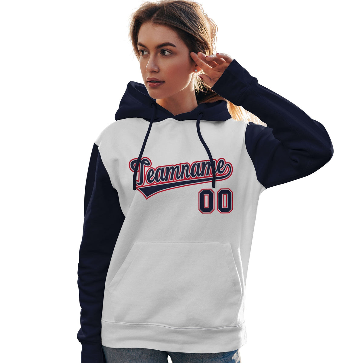 Custom White Navy-Red Raglan Sleeves Pullover Personalized Team Sweatshirt Hoodie| KXKSHOP