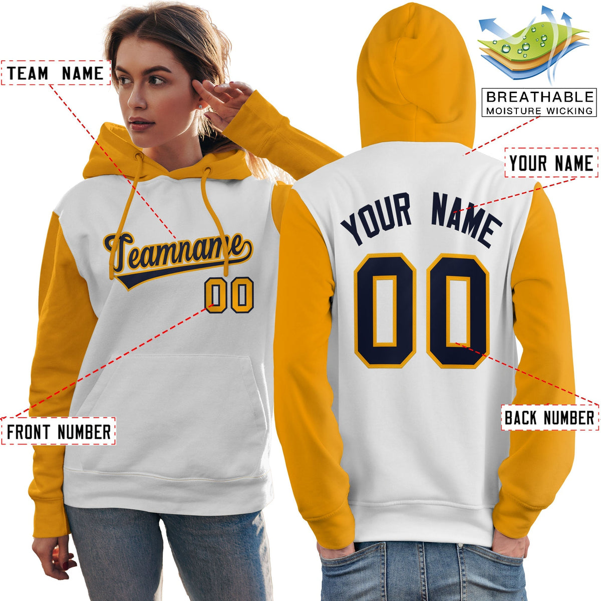 Custom White Navy-Gold Raglan Sleeves Pullover Personalized Team Sweatshirt Hoodie| KXKSHOP