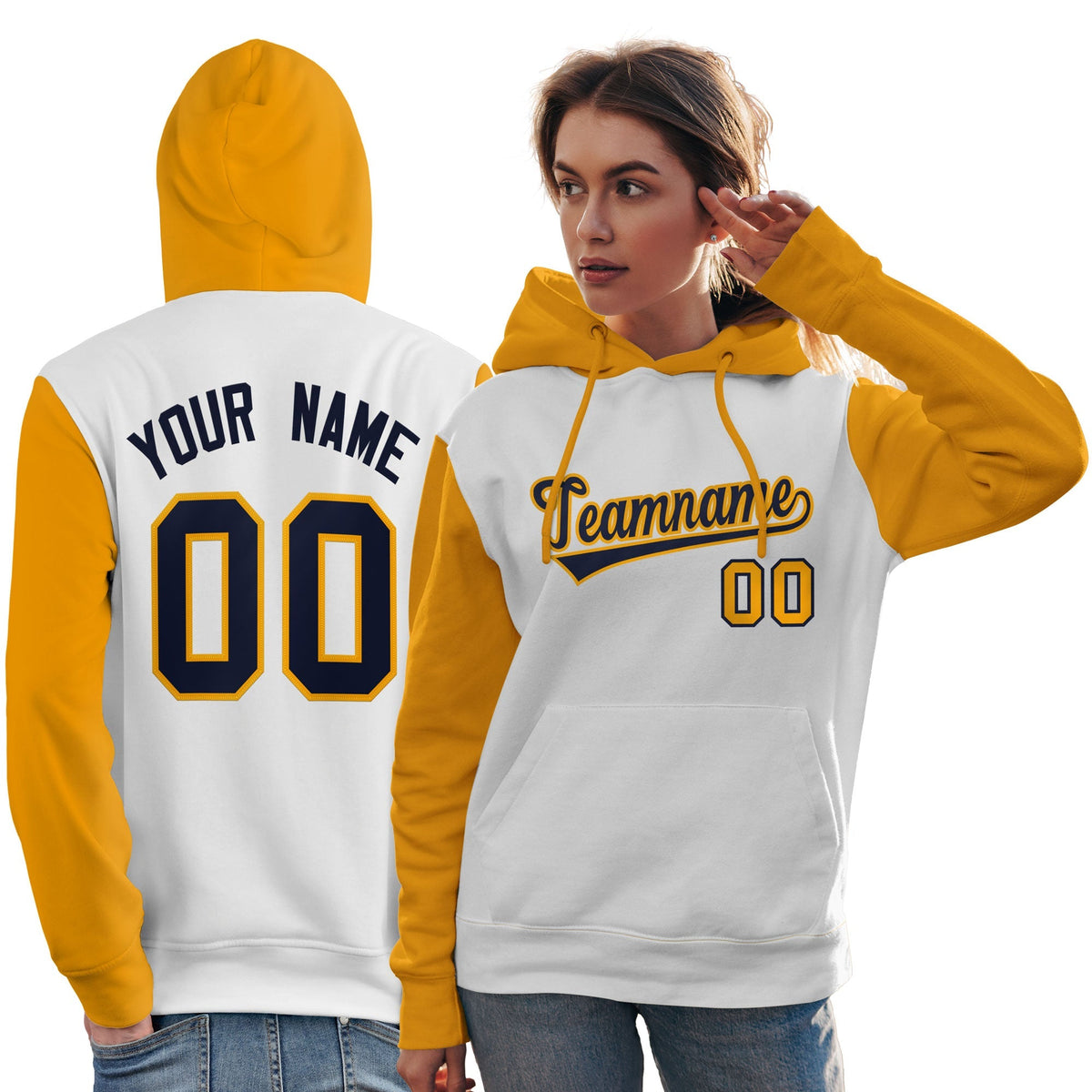 Custom White Navy-Gold Raglan Sleeves Pullover Personalized Team Sweatshirt Hoodie| KXKSHOP