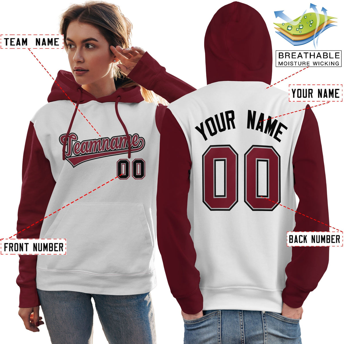 Custom White Crimson-Black Raglan Sleeves Pullover Personalized Team Sweatshirt Hoodie| KXKSHOP