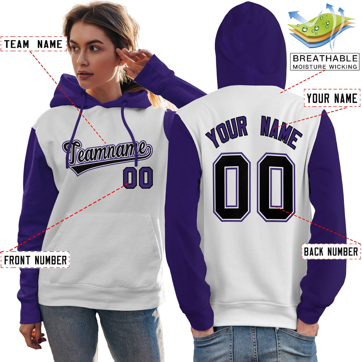 Custom White Black-Purple Raglan Sleeves Pullover Personalized Team Sweatshirt Hoodie| KXKSHOP