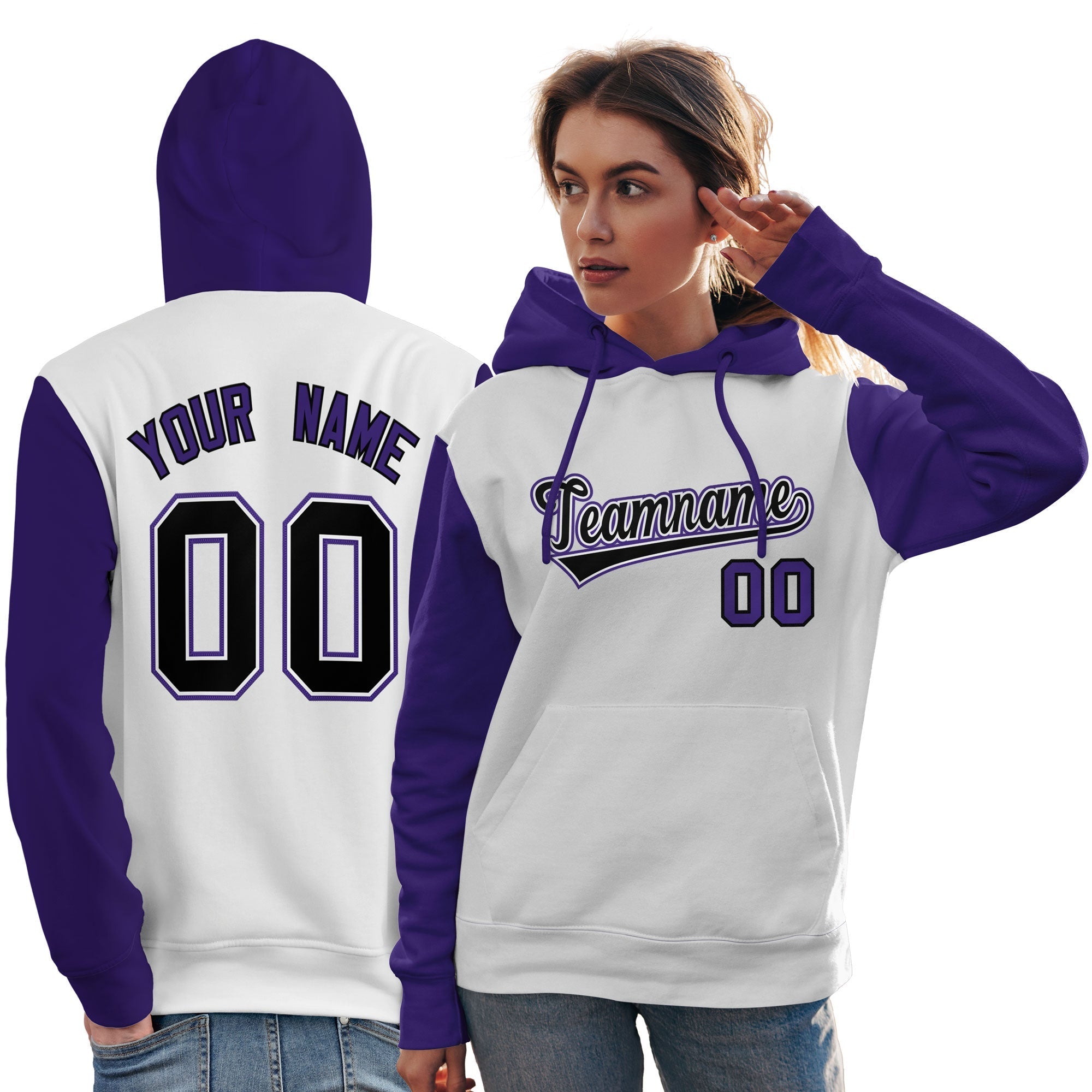 Custom White Black-Purple Raglan Sleeves Pullover Personalized Team Sweatshirt Hoodie| KXKSHOP
