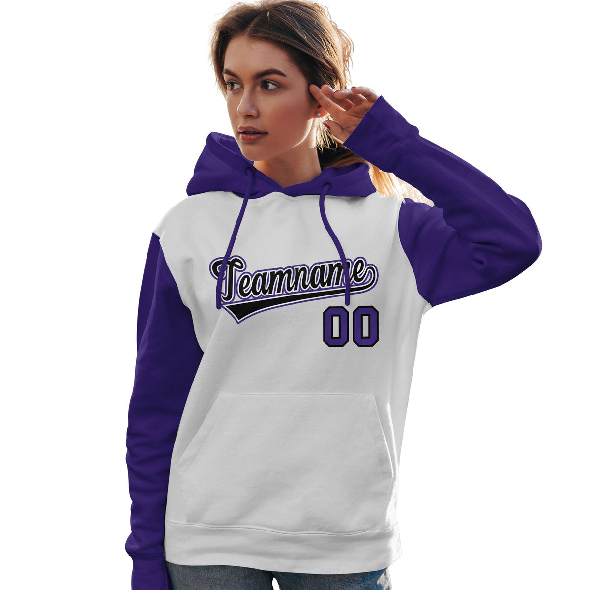 Custom White Black-Purple Raglan Sleeves Pullover Personalized Team Sweatshirt Hoodie| KXKSHOP