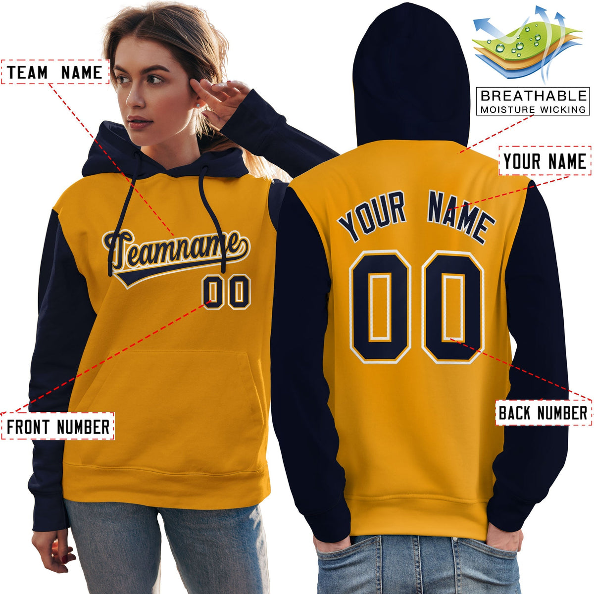 Custom Gold Navy-White Raglan Sleeves Pullover Personalized Team Sweatshirt Hoodie| KXKSHOP
