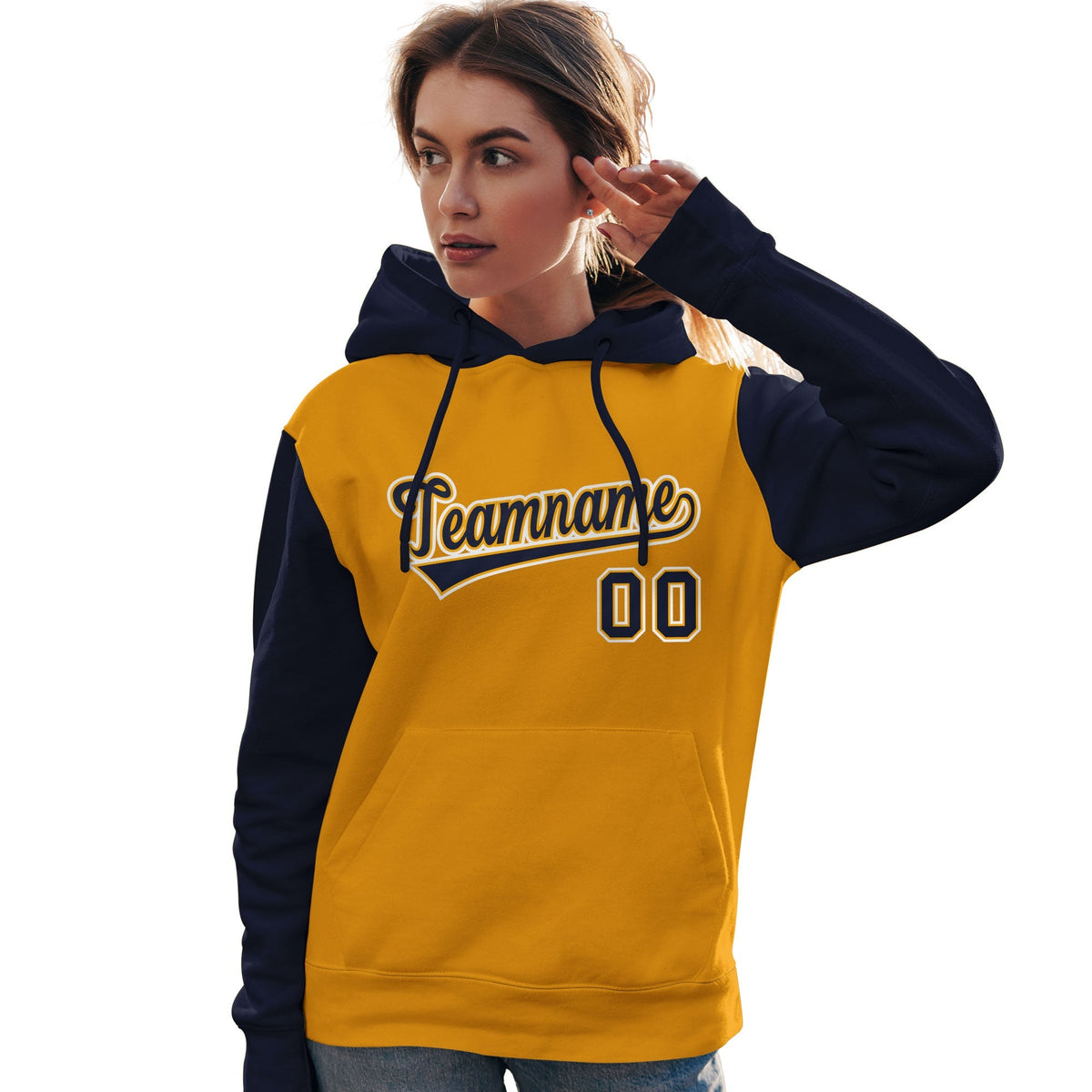 Custom Gold Navy-White Raglan Sleeves Pullover Personalized Team Sweatshirt Hoodie| KXKSHOP