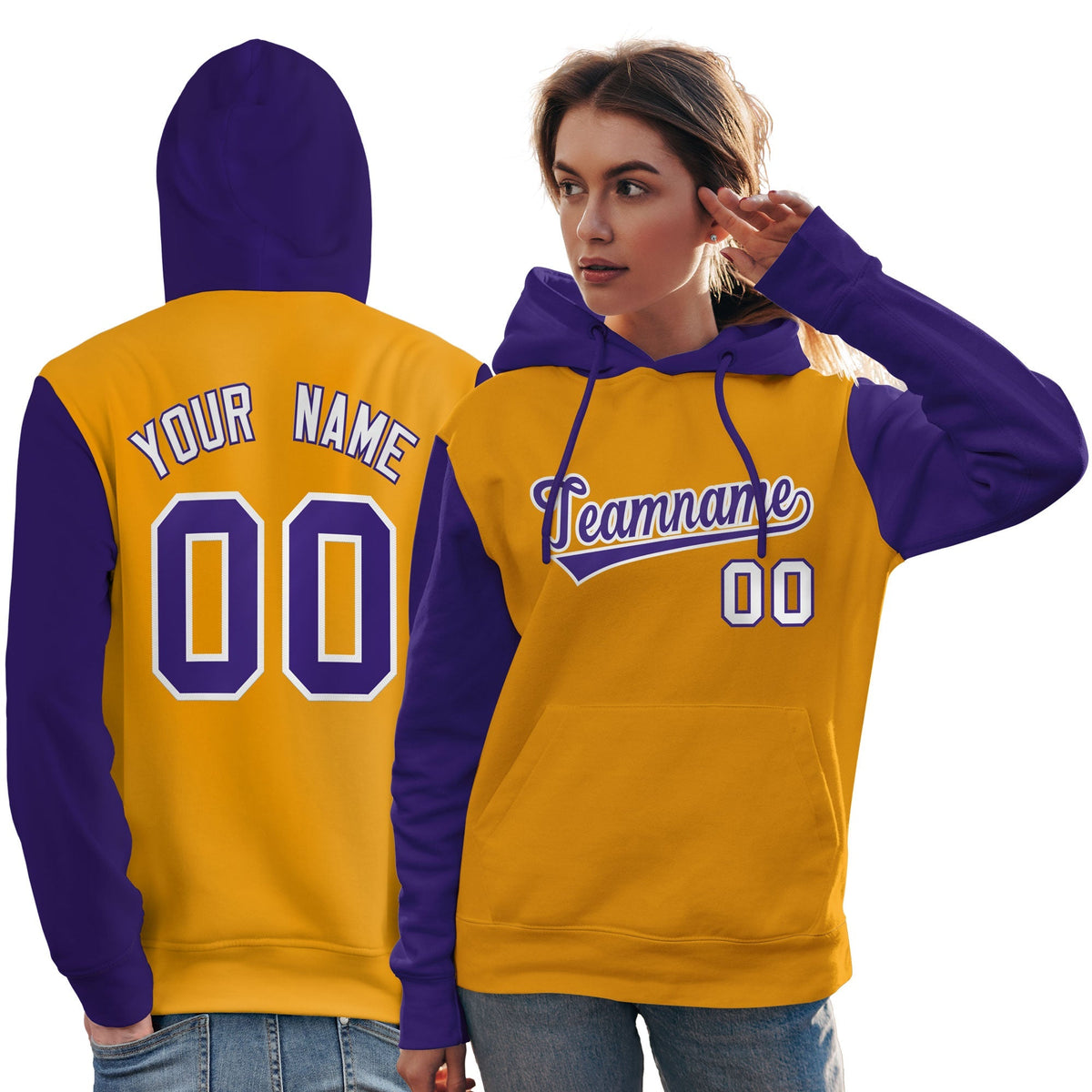 Custom Gold Purple-White Raglan Sleeves Pullover Personalized Team Sweatshirt Hoodie| KXKSHOP