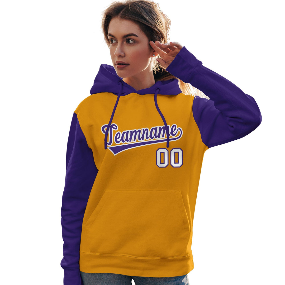 Custom Gold Purple-White Raglan Sleeves Pullover Personalized Team Sweatshirt Hoodie| KXKSHOP