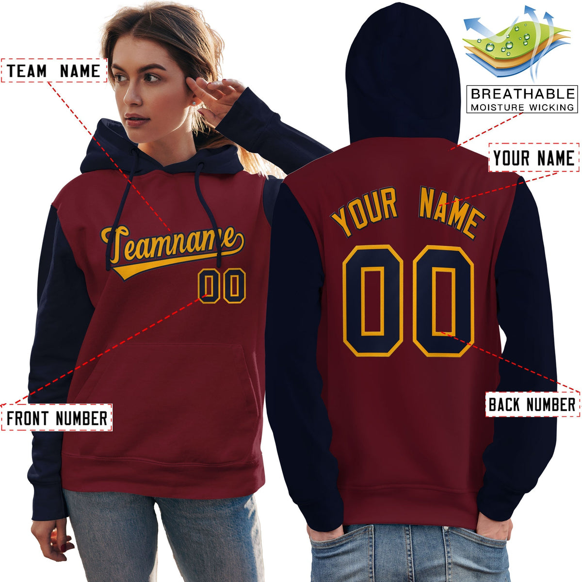 Custom Crimson Gold-Navy Raglan Sleeves Pullover Personalized Team Sweatshirt Hoodie| KXKSHOP