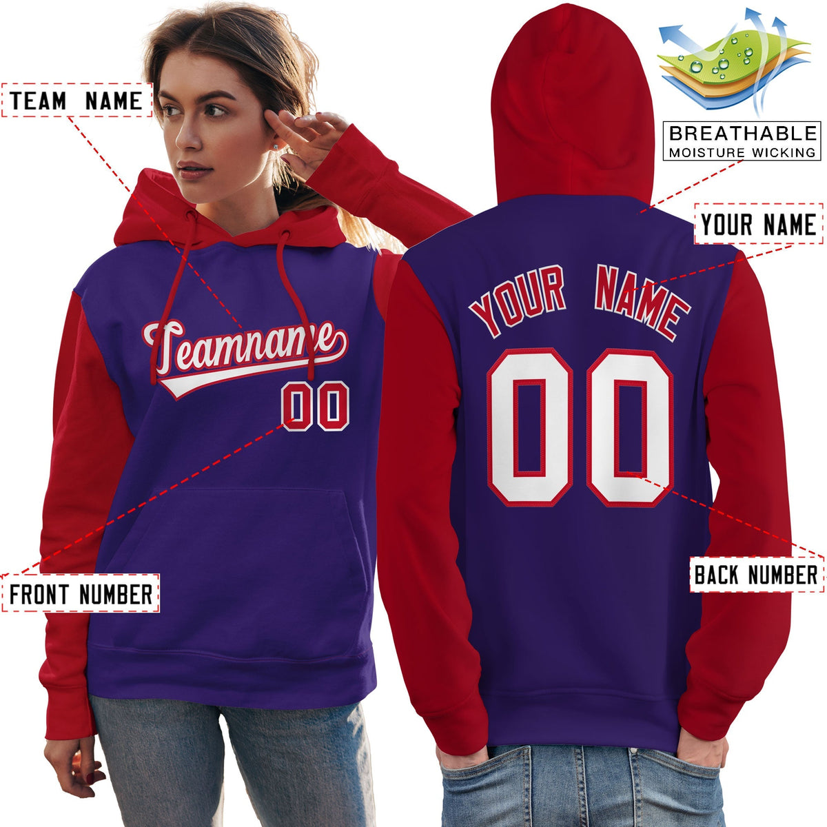 Custom Purple White-Red Raglan Sleeves Pullover Personalized Team Sweatshirt Hoodie| KXKSHOP