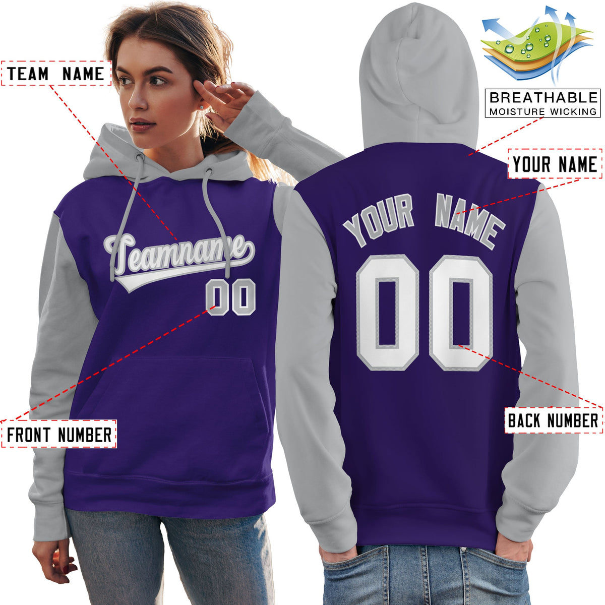 Custom Purple White-Gray Raglan Sleeves Pullover Personalized Team Sweatshirt Hoodie| KXKSHOP