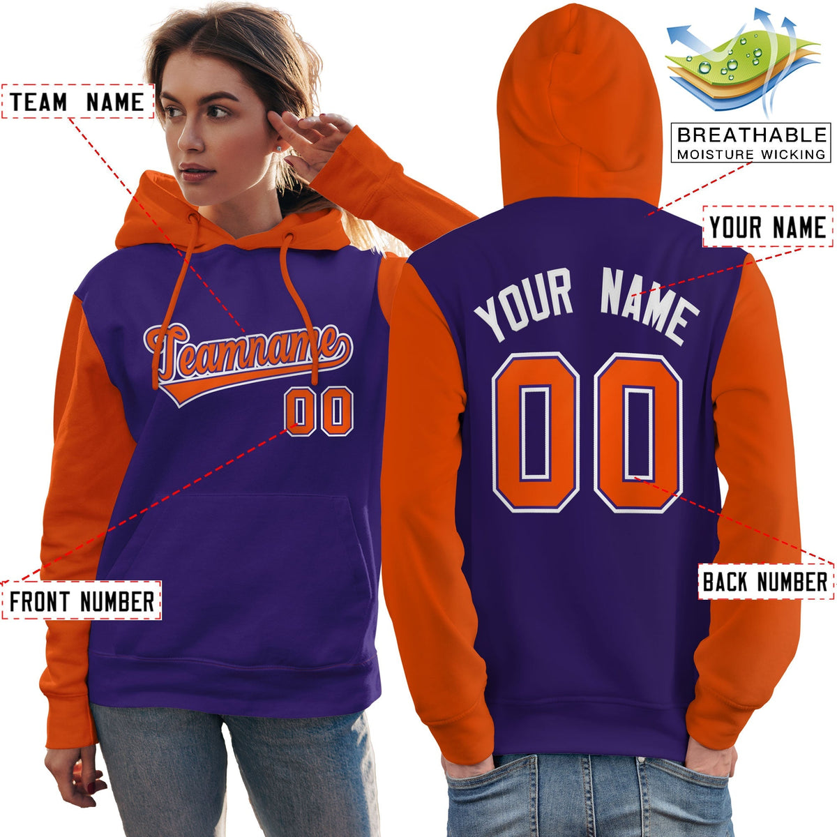 Custom Purple Orange-White Raglan Sleeves Pullover Personalized Team Sweatshirt Hoodie| KXKSHOP