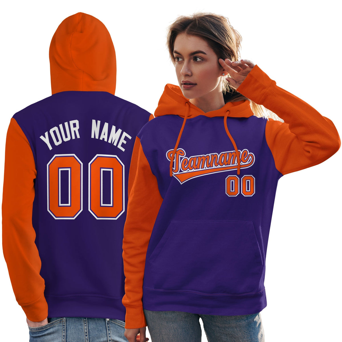 Custom Purple Orange-White Raglan Sleeves Pullover Personalized Team Sweatshirt Hoodie| KXKSHOP