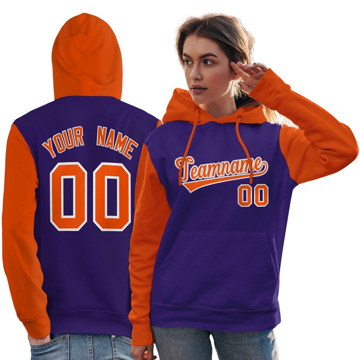 Custom Purple Orange-White Raglan Sleeves Pullover Personalized Team Sweatshirt Hoodie| KXKSHOP