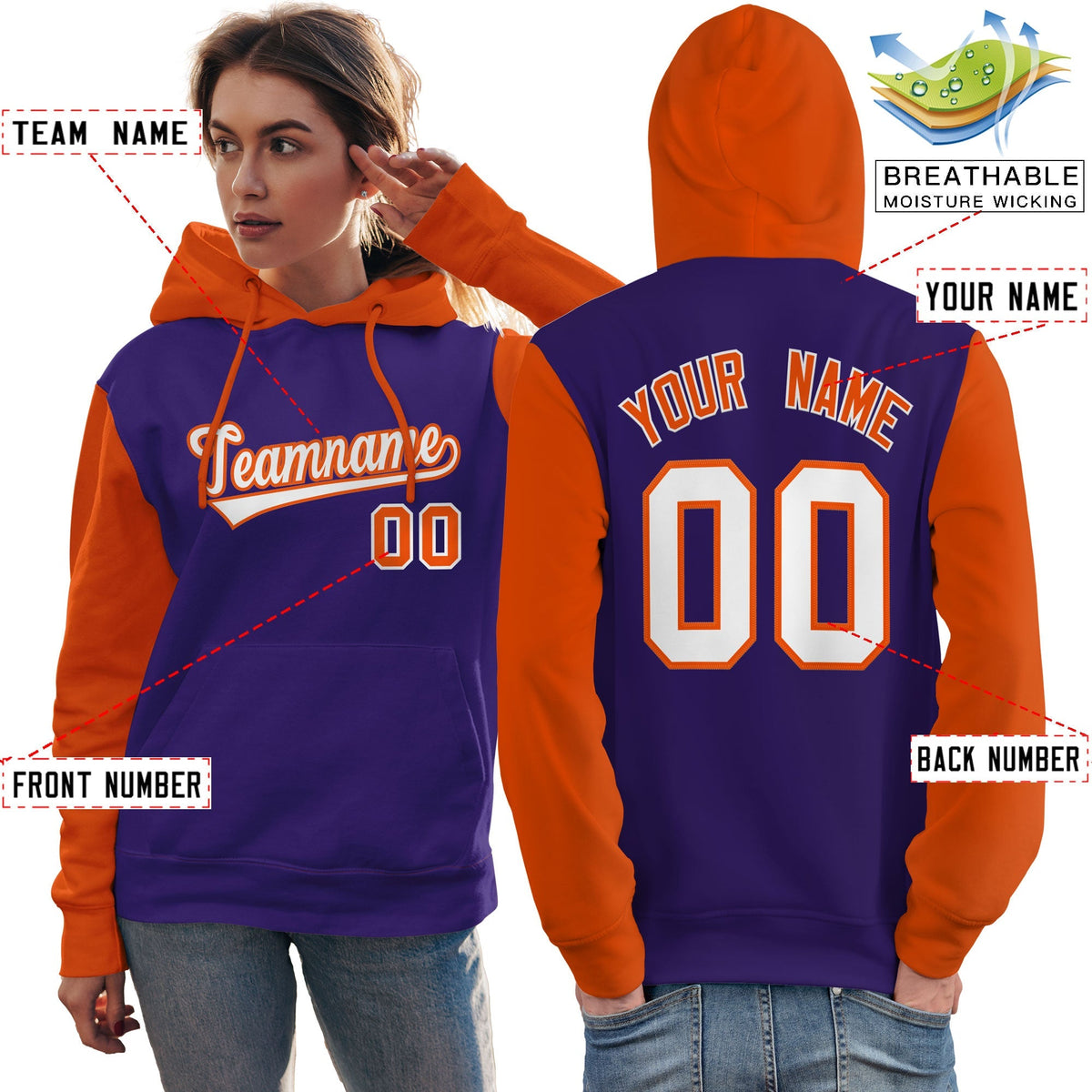 Custom Purple White-Orange Raglan Sleeves Pullover Personalized Team Sweatshirt Hoodie| KXKSHOP