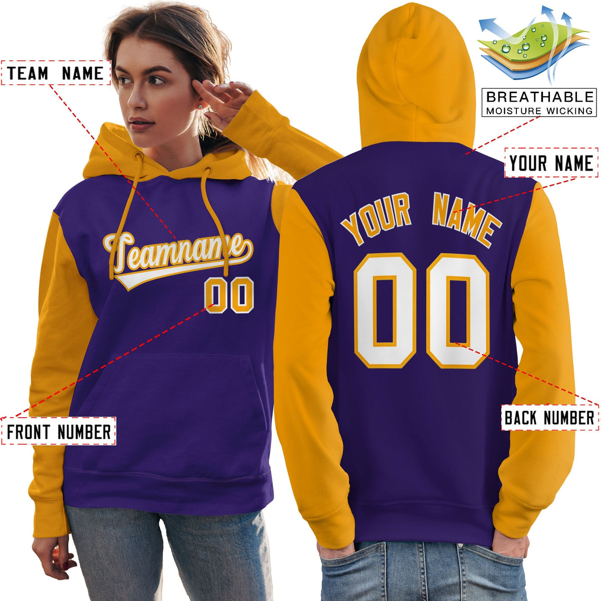 Custom Purple White-Gold Raglan Sleeves Pullover Personalized Team Sweatshirt Hoodie| KXKSHOP