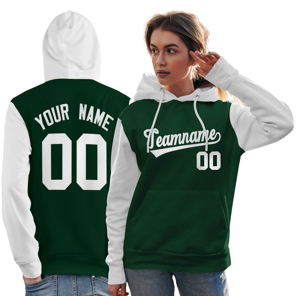 Custom Green White Raglan Sleeves Pullover Personalized Team Sweatshirt Hoodie| KXKSHOP